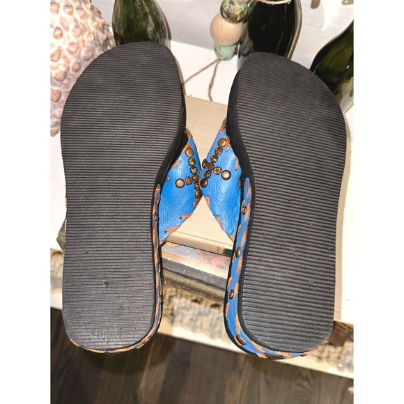 Sassy Sistas brand flip flops, blue with brown embroidery and rhinestones - Picture 3 of 4